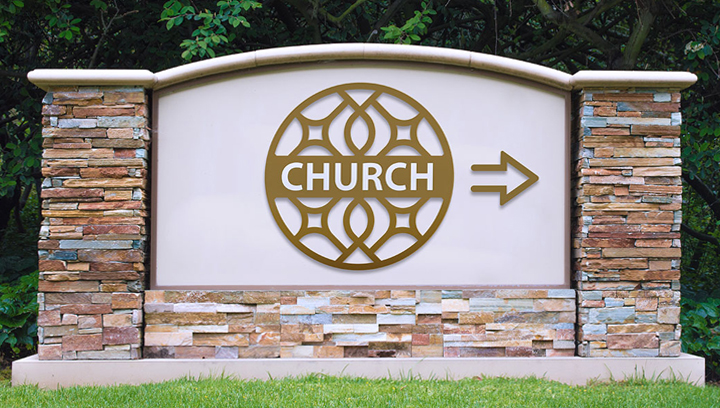 Large church directional sign with a custom shape logo