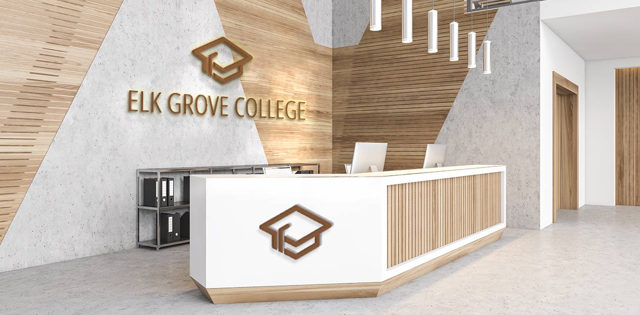 Elk Grove campus lobby signage design in combination with wooden and illuminated features