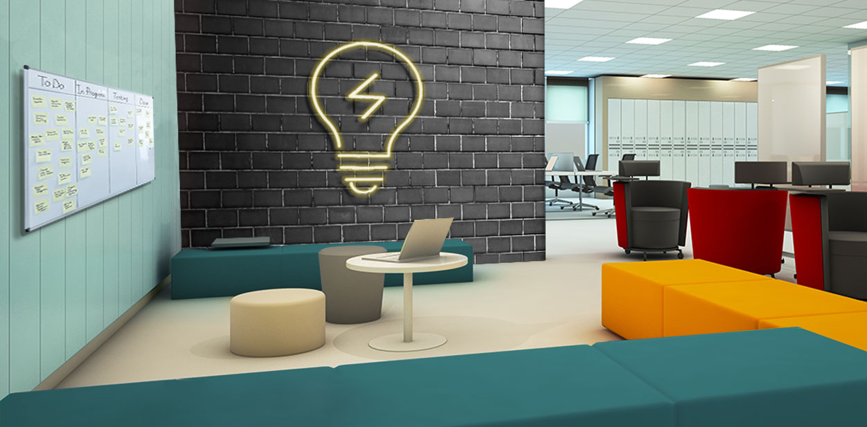 Modern conference room design for brainstorming area featuring a lighting bulb on the wall