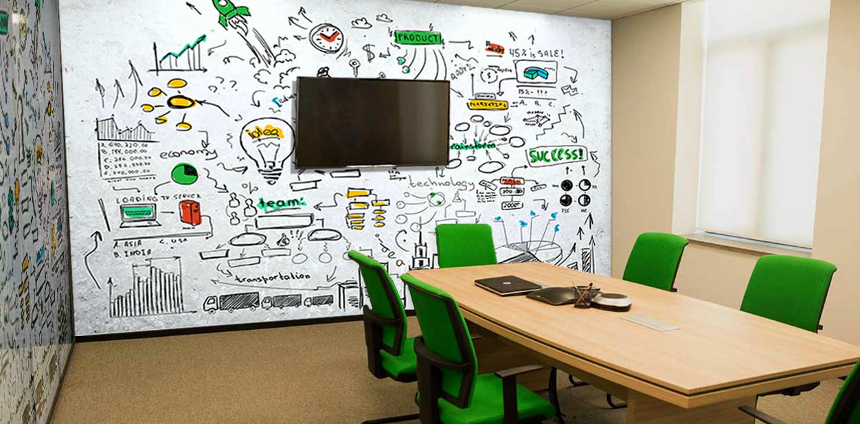 Conference room wall graphics with strategic planning features
