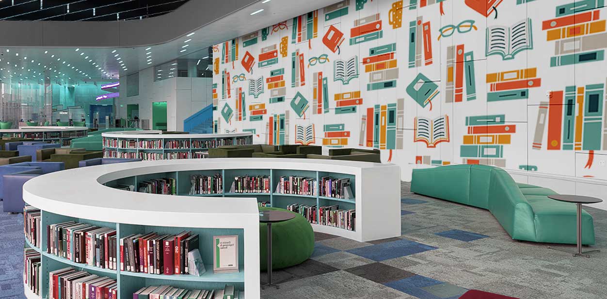 School library round-shaped design in pastel hues and thematic wall adhesives