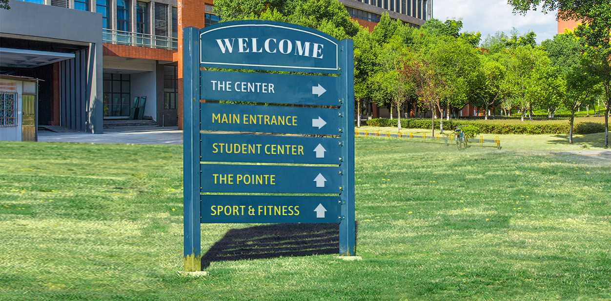 Campus entrance wayfinding outdoor signage pointing different directions