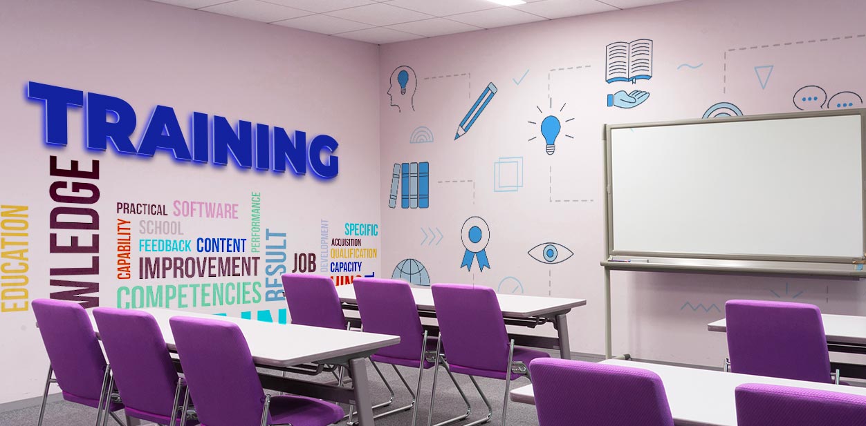 Training room wall design with colorful features and a text 'TRAINING' on it.