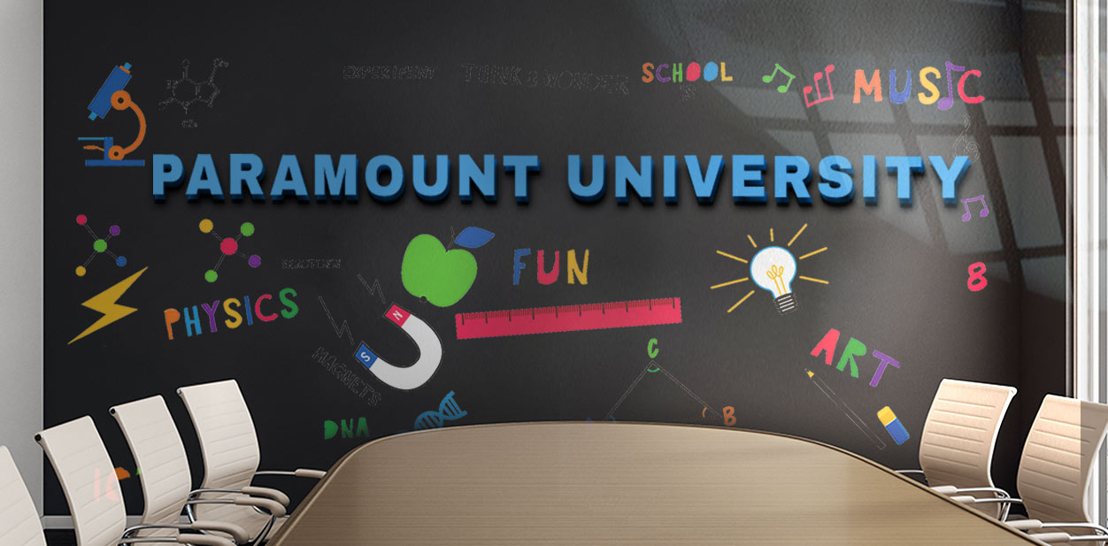 Paramount University conference room signage design with three-dimensional elements and wall art