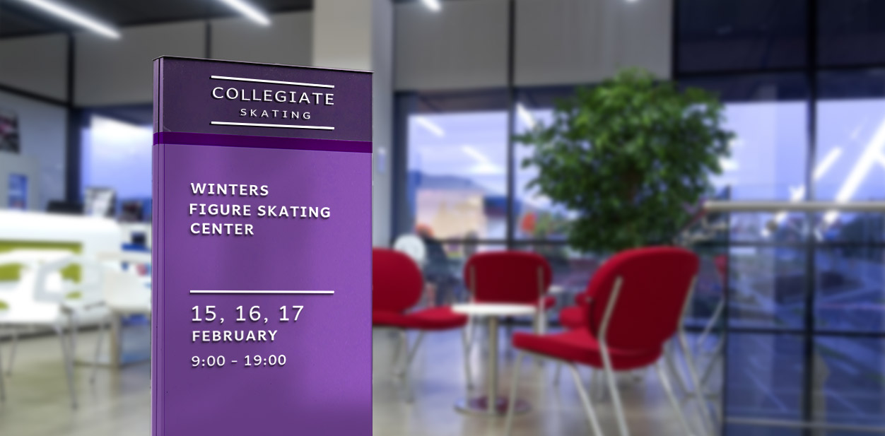 School waiting area signage design for Collegiate Skating showing the dates of winter figure skating