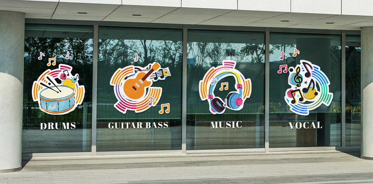 Window signage design for musical school featuring different aspects of music