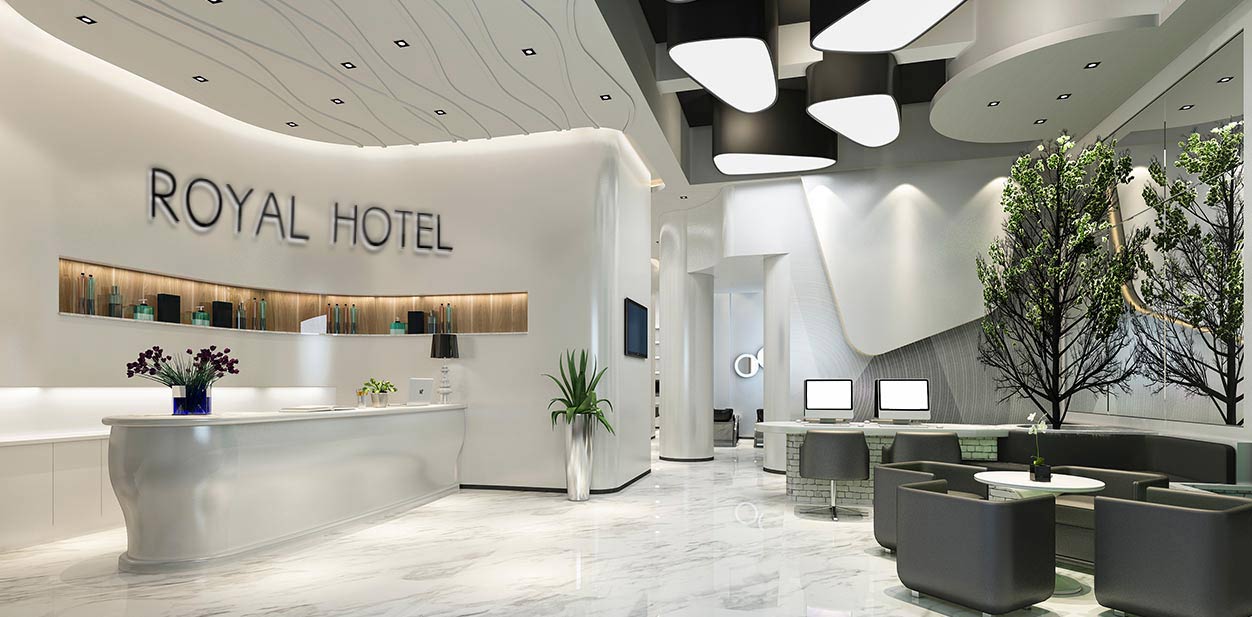  Classical hotel lobby design in white with a text 'Royal Hotel'