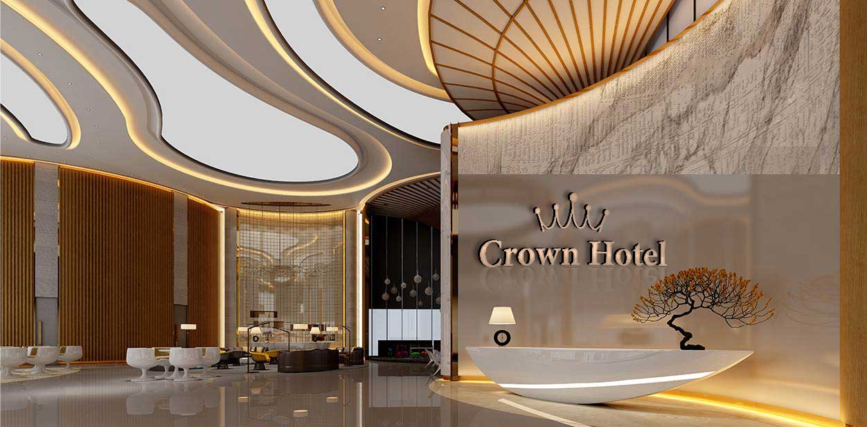 Hotel lobby interior design ideas with contemporary solutions and a text 'Crown Hotel'