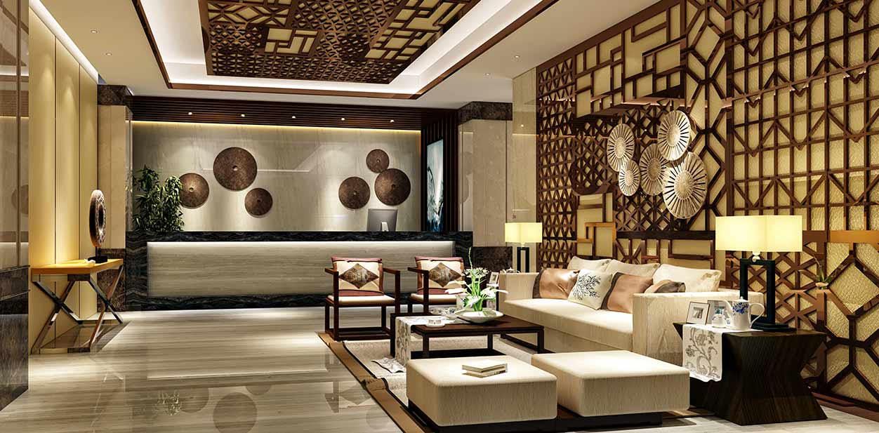 Beige and brown hotel reception design with wall and ceiling decorative solutions
