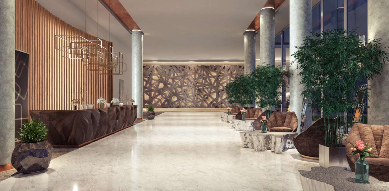  Mid-century hotel lobby design with wooden decorations and non-standard shapes