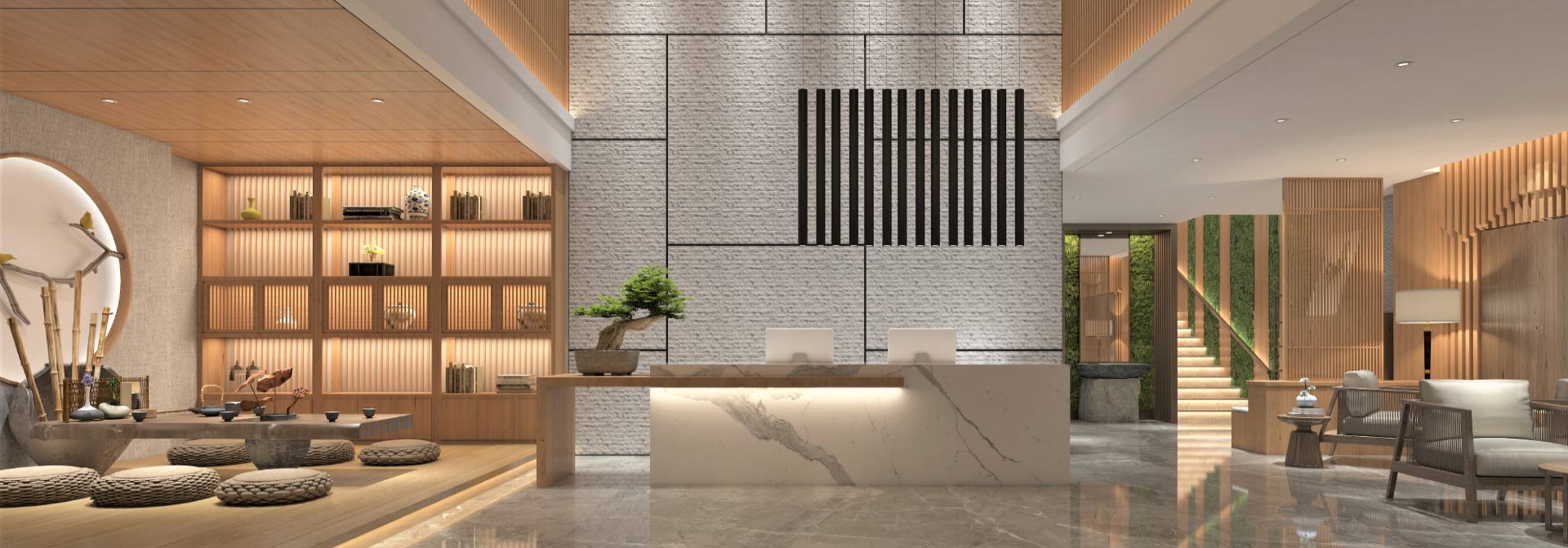 Modern hotel lobby design with a decorated reception desk and a sitting area
