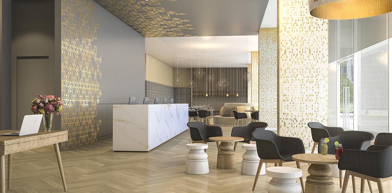 Boho office lobby design inspiration with antique furniture and golden, white and grey color hues.