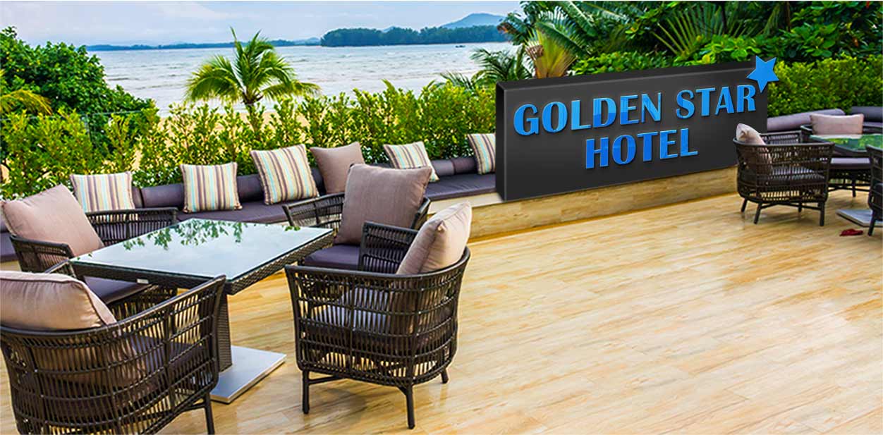 Golden Star Hotel branding design for a beach terrace with a free-standing brand name display