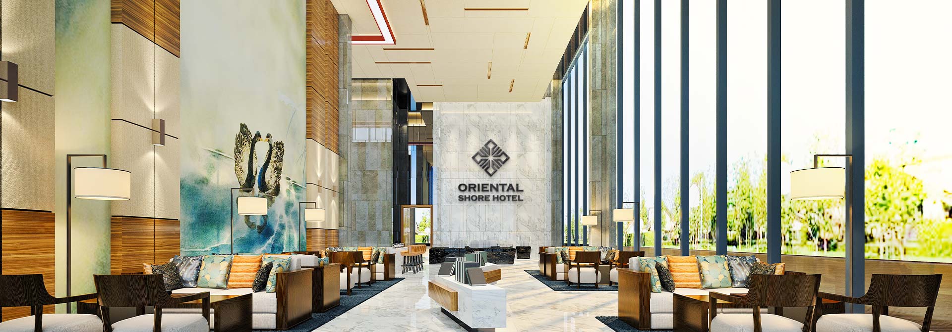 Oriental Shore Hotel branding with wall decorations and comfortable furniture