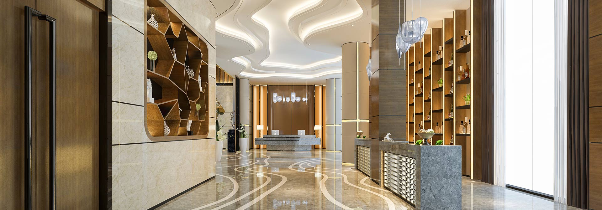 Creative lobby design ideas in gold and white hues with plants from both sides