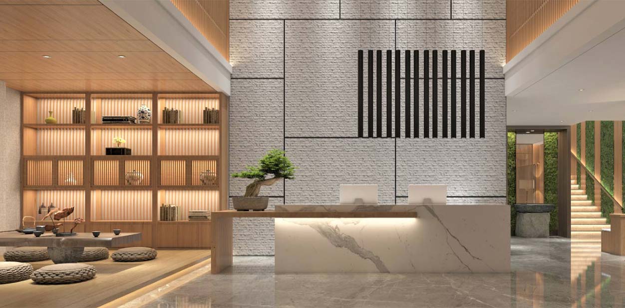  Branding of hotel's lobby with modern design features including mild illumination and wooden shelves