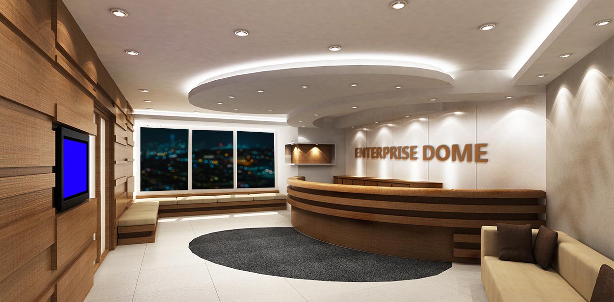  Enterprise dome front lobby design ideas with oval reception desk and white ceiling design
