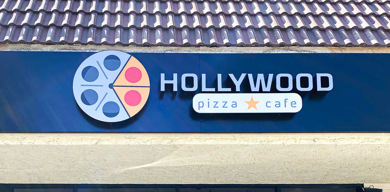 Hollywood Pizza Cafe branding display with the company name and logo