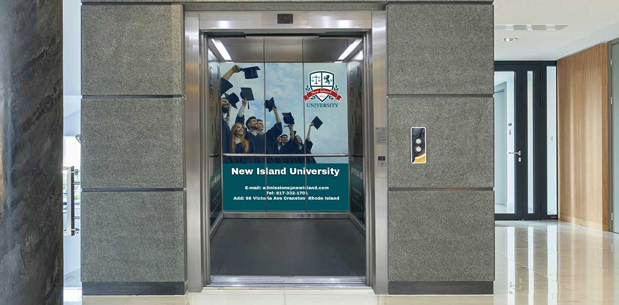 Campus branding large adhesives on the elevator front wall