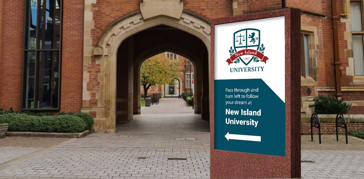 Free-standing campus branding directional solution in front of an archway