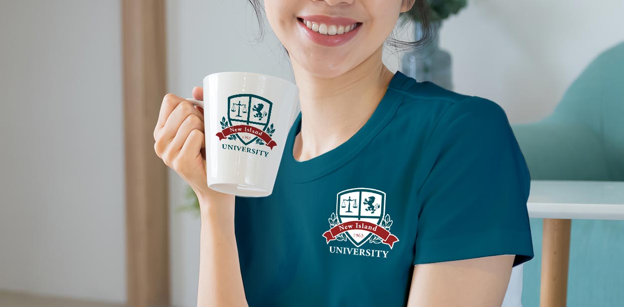 A smiling woman wearing a blue branded blouse and holding a branded cup