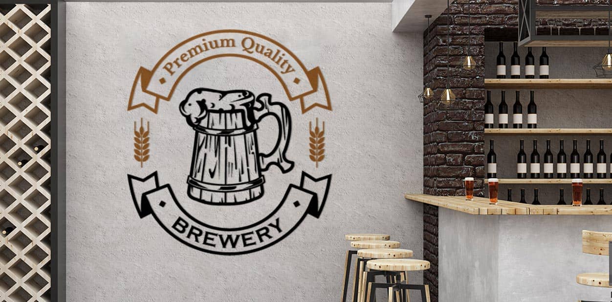 Interior brewery branding with visual imagery display on the wall