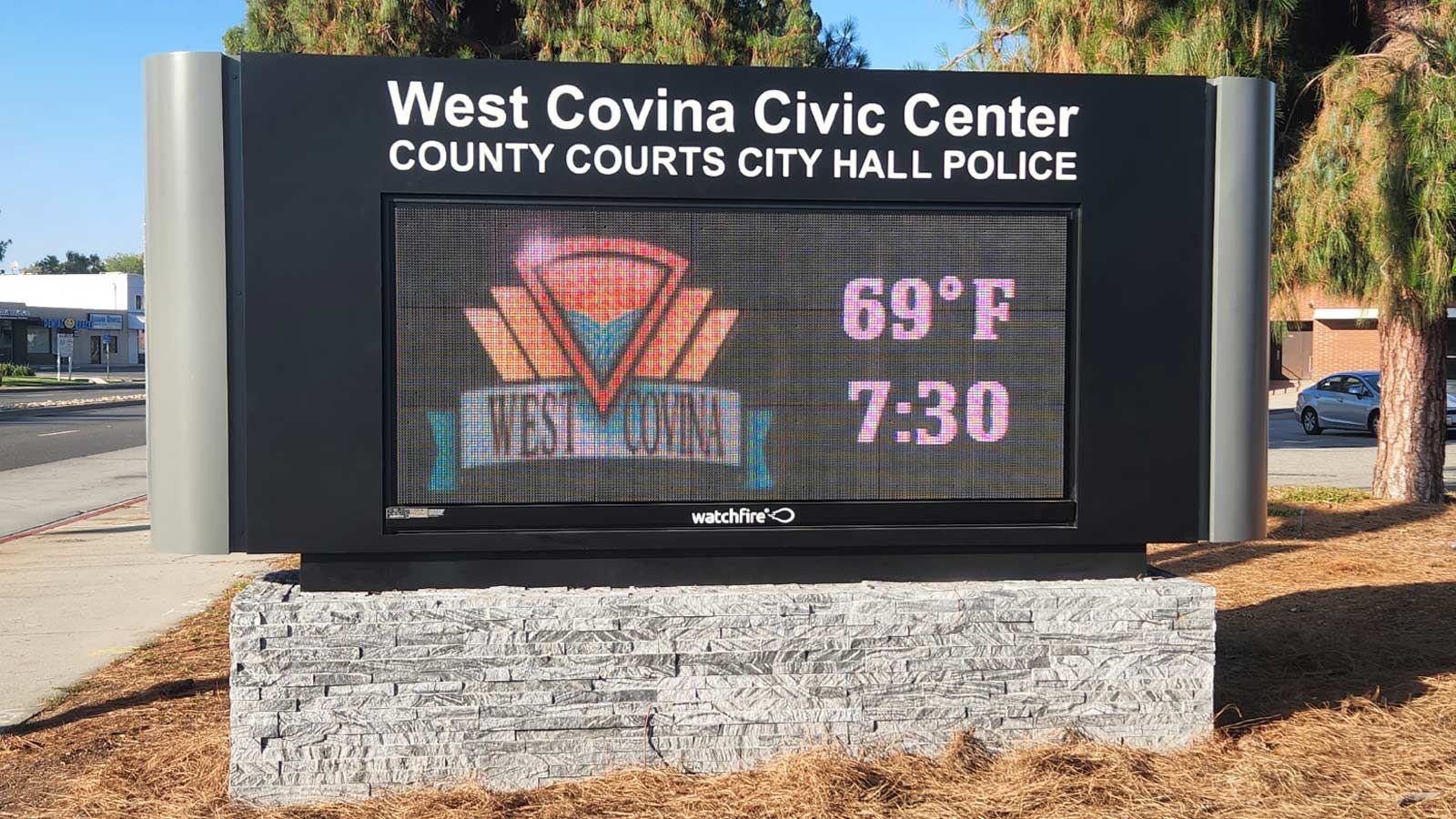 The City of West Covina light up sign placed near the road