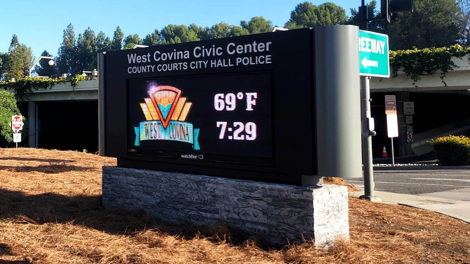 West Covina Civic Center monument sign placed near the road