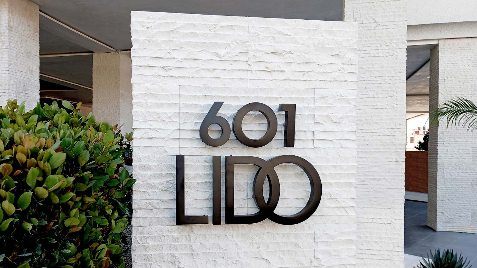 601 Lido 3D sign attached to the wall outdoors