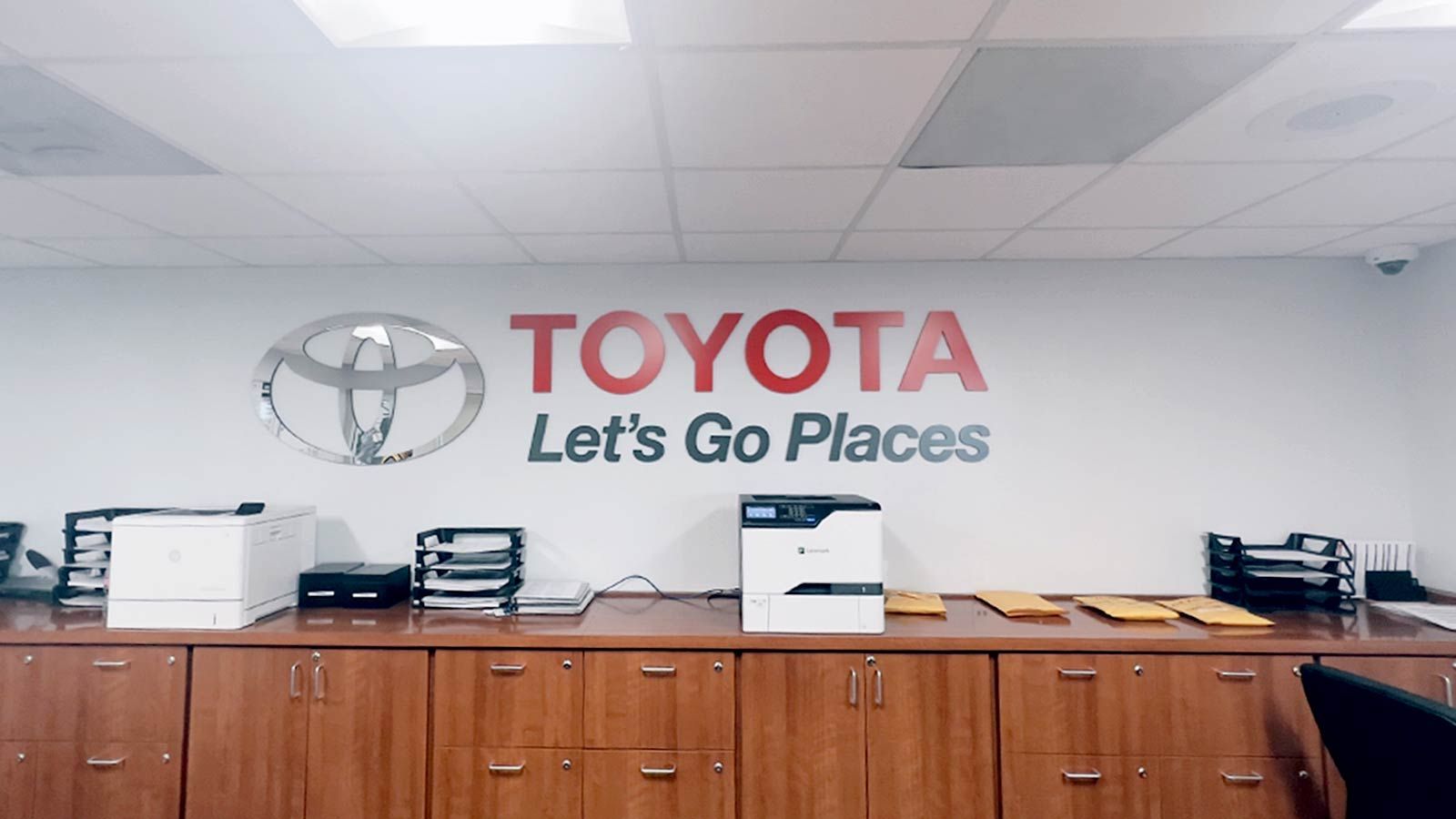 Toyota office sign decorating the interior wall