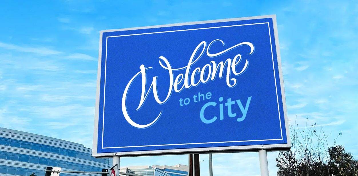 massive city branding design solution with 'welcome to the city' text