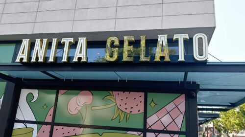 Anita Gelato outdoor sign installation on a raceway