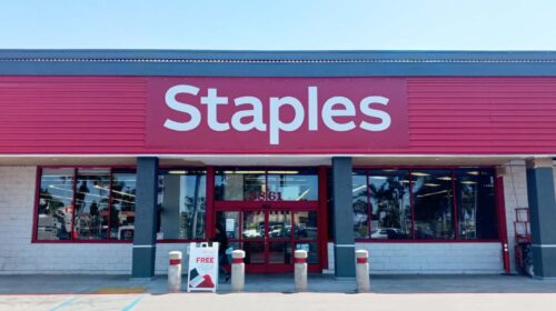Staples store sign installed on the building facade