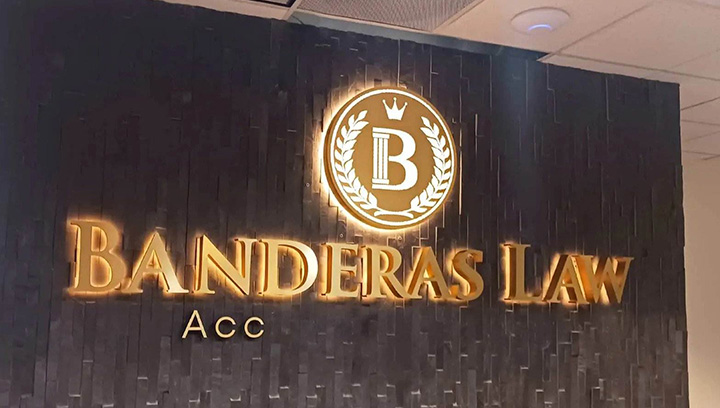 Banderas Law custom logo sign with illumination made of lexan and brushed aluminum for branding