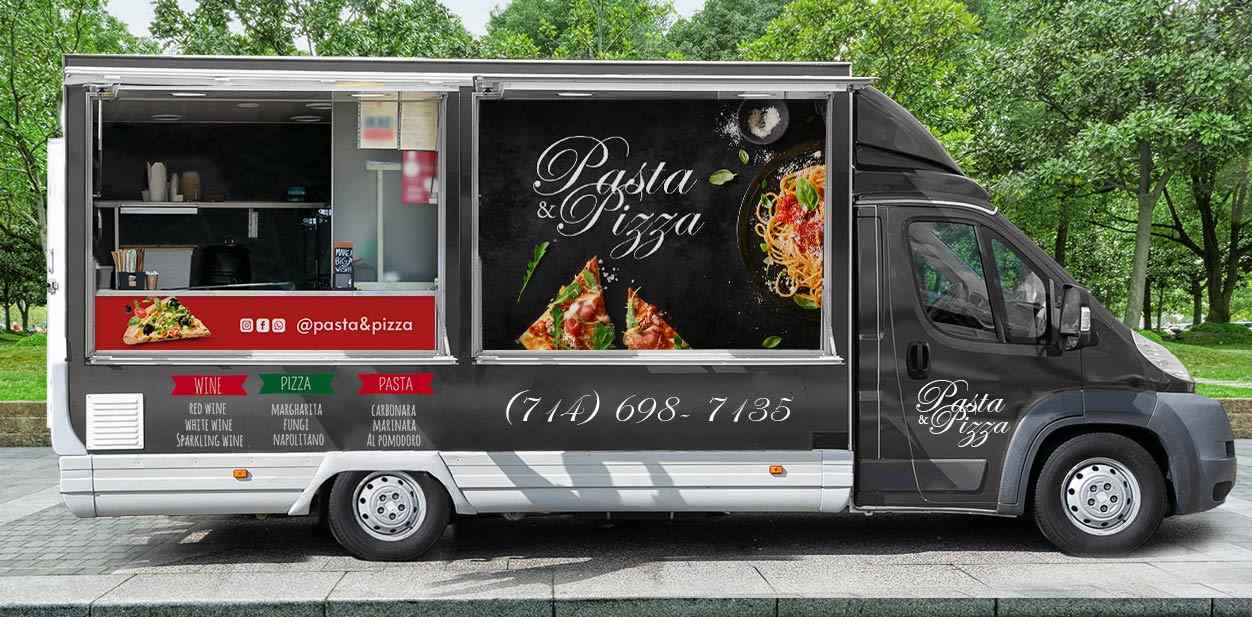 Pasta & Pizza food truck branding with promotional design solutions
