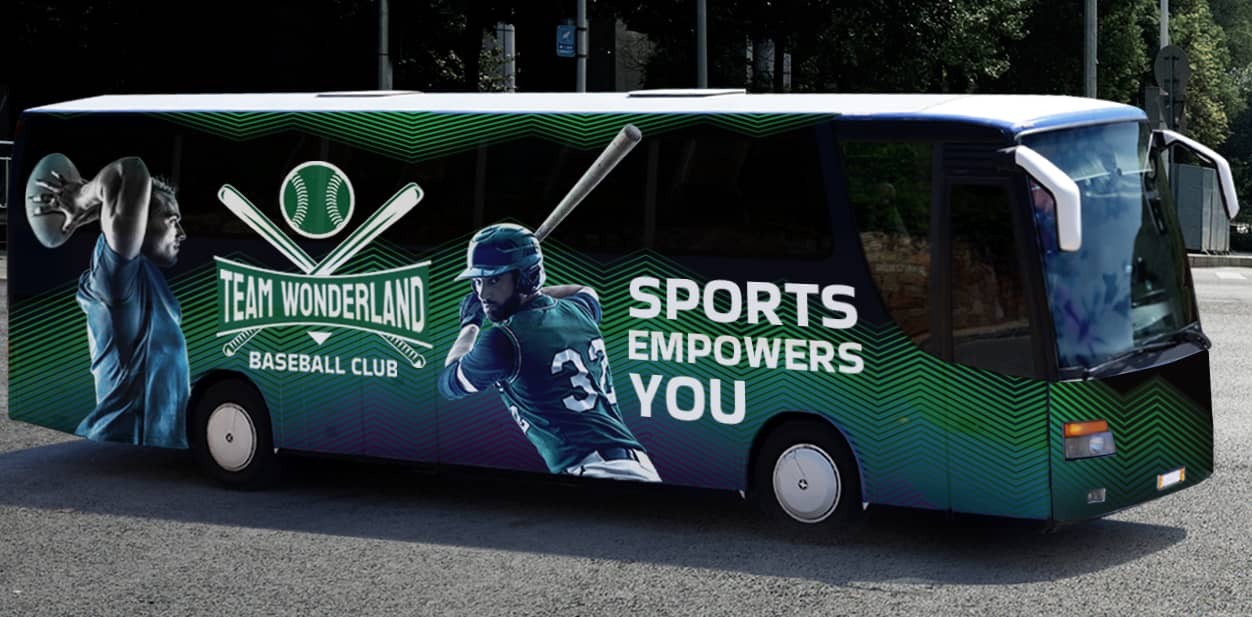 Bus branding displays with Team Wonderland baseball club's images