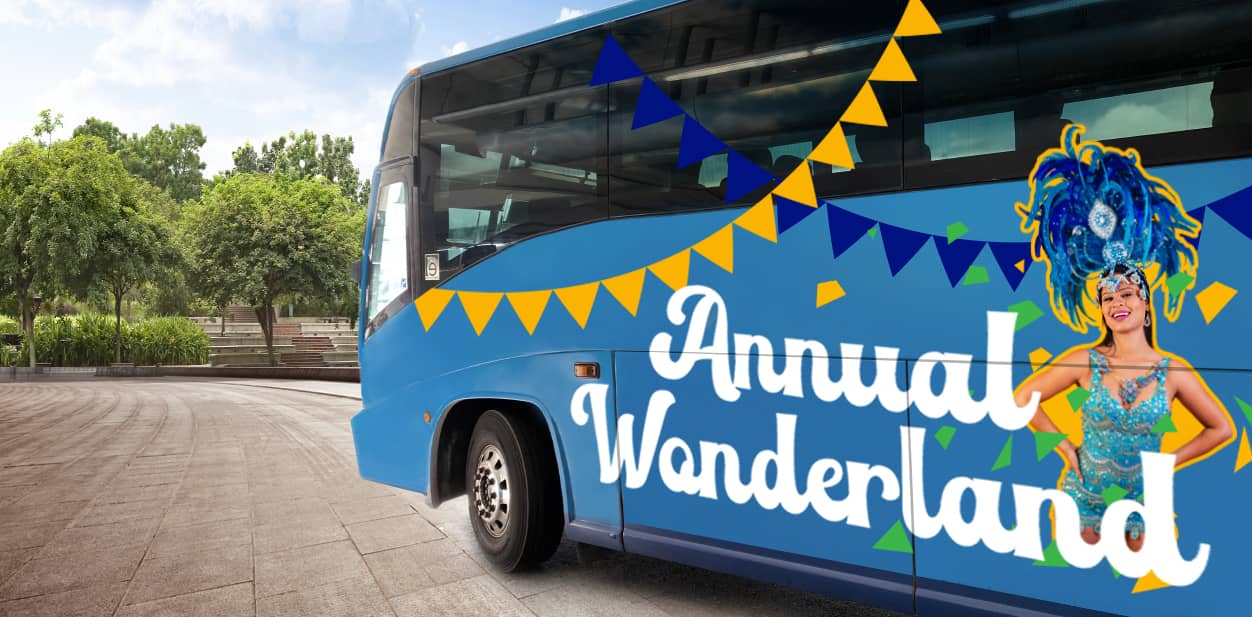 Annual Wonderland Festival bus branding design with themed colorful graphics