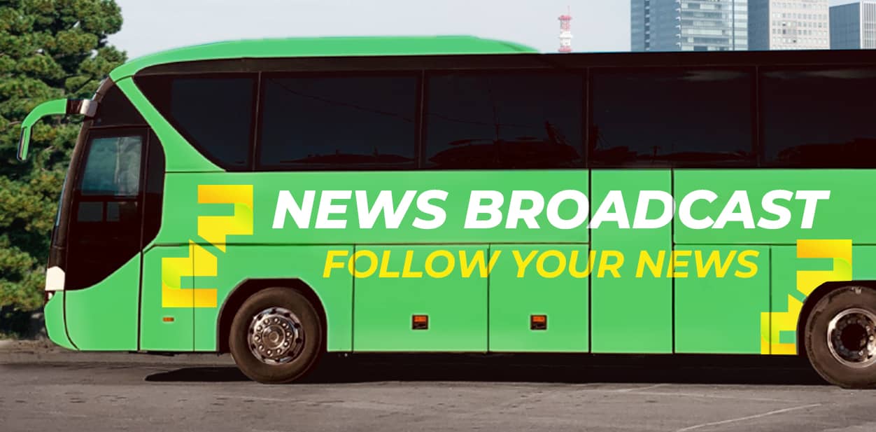 News Broadcast bus branding design in green and yellow with the company's slogan