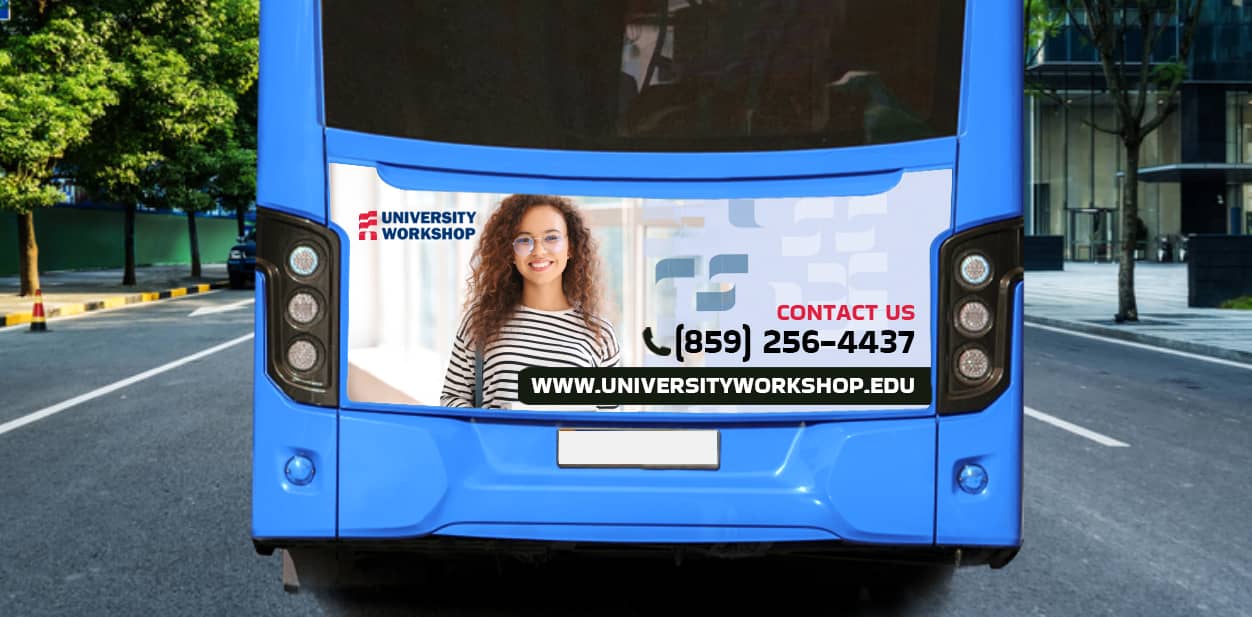 Promotional style bus tail branding displaying an educational workshop's information