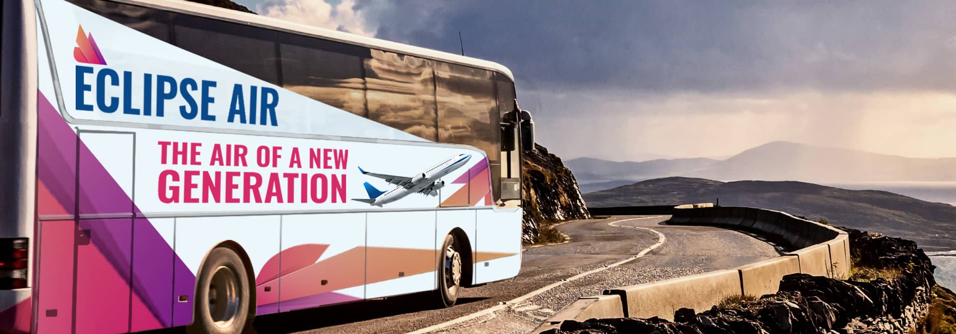 Eclipse Air bus branding with airplane themed graphics and brand name display