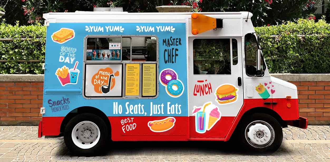 Colorful food truck branding design with themed displays