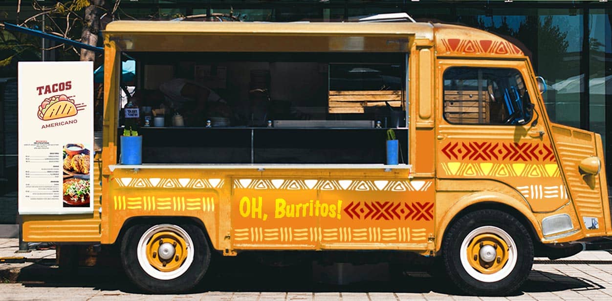 Tacos Americano colorful food truck branding displaying top menu dishes