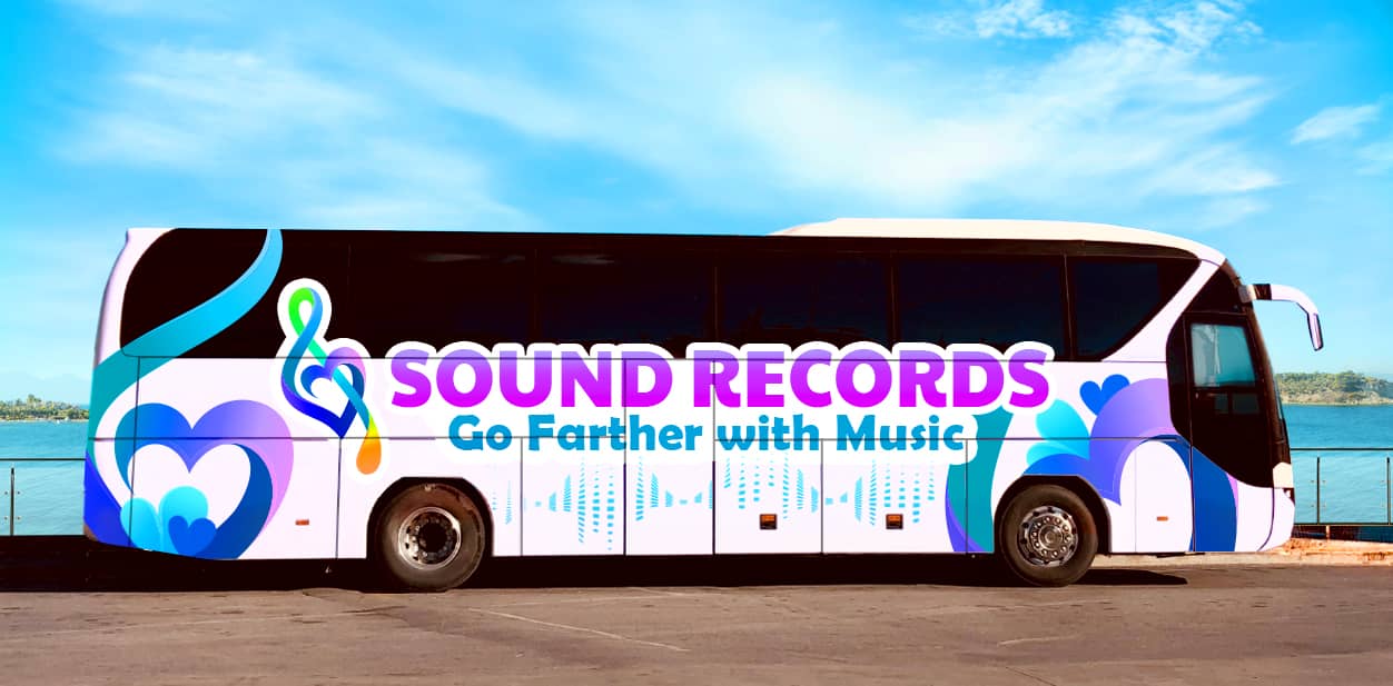 Sound Records full bus branding design with colorful graphics