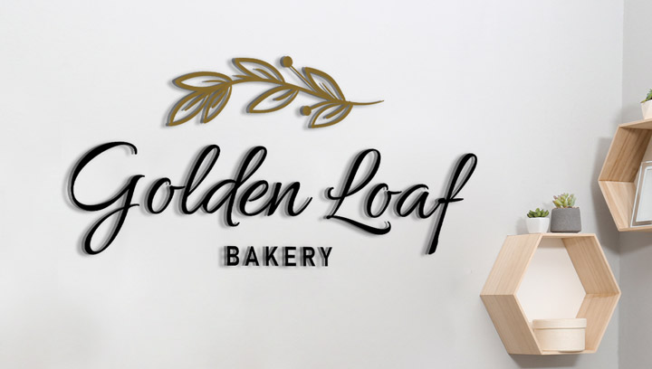 Golden Leaf Bakery logo sign with branded elements made of aluminum for interior decor