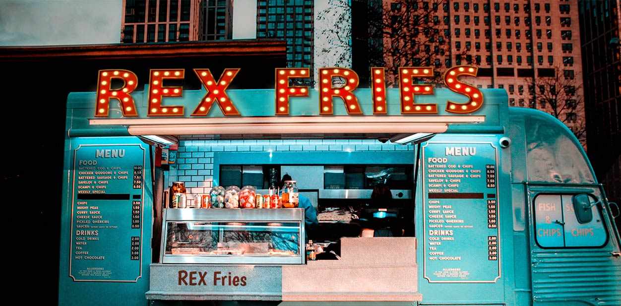 Rex Fries creative truck branding with a marquee style display and the company's menu