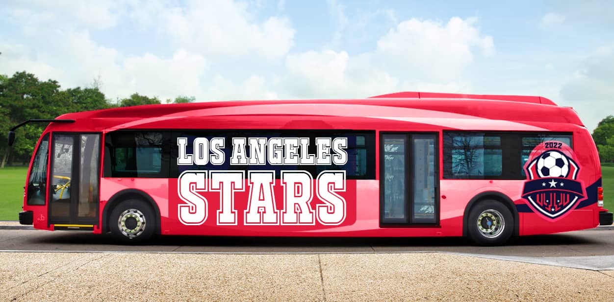 Los Angeles Stars bus branding featuring the team's logo and name in big graphics
