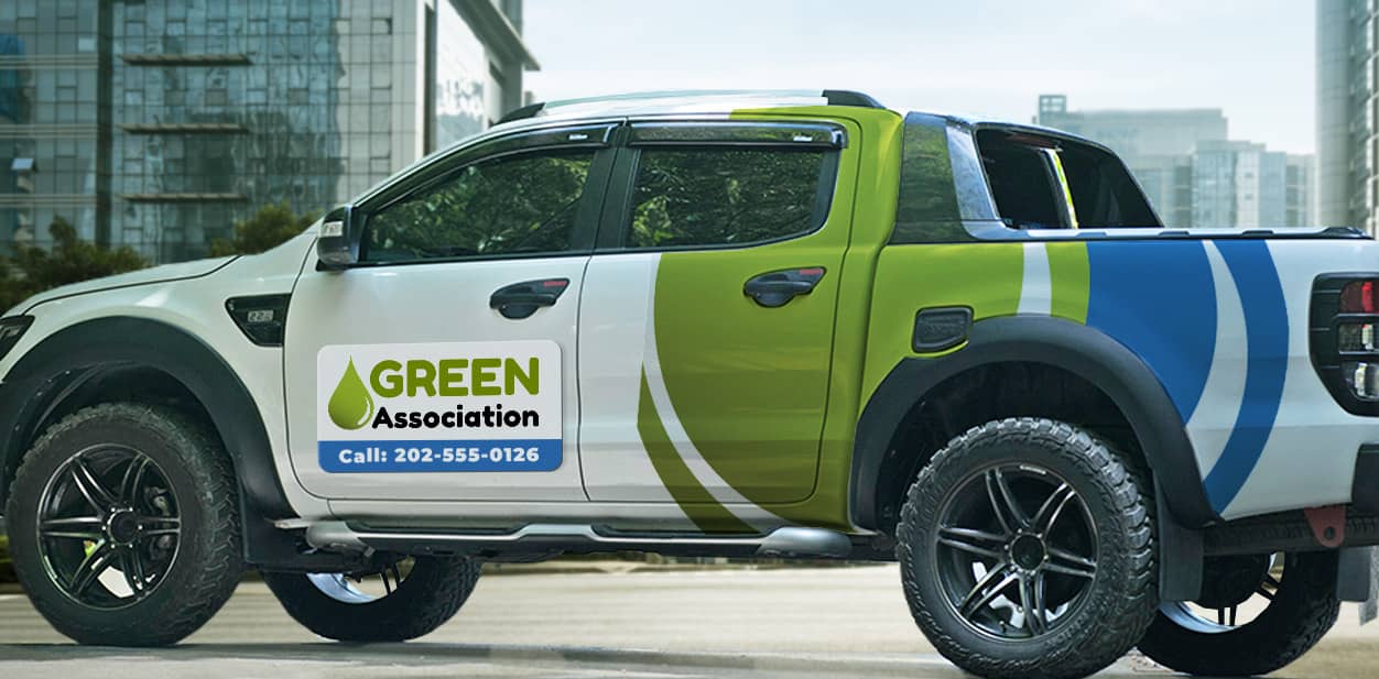Magnetic and sticky vehicle branding solutions in green and in blue