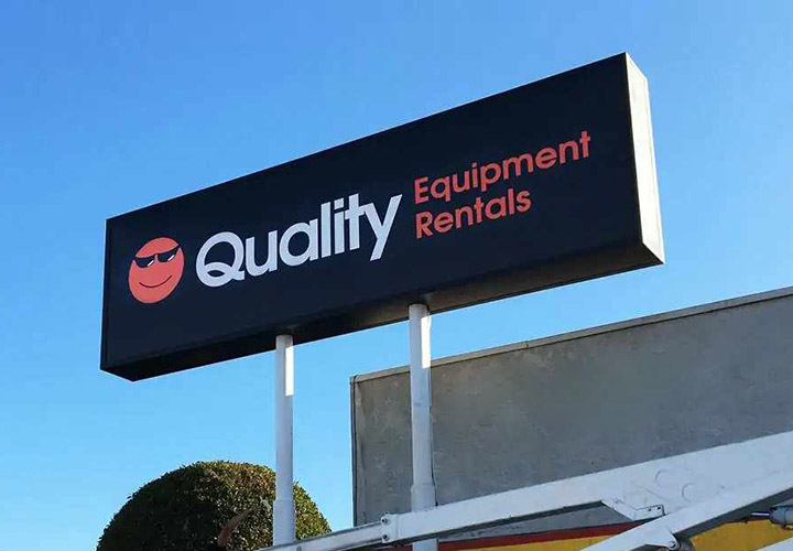 Quality Equipment Rentals logo sign with a pylon structure made of aluminum and acrylic
