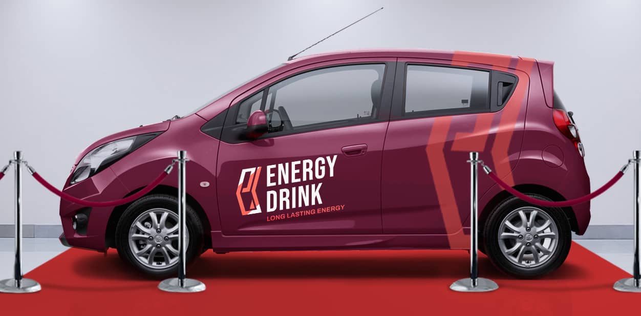 Energy Drink vehicle branding displays on a purple car