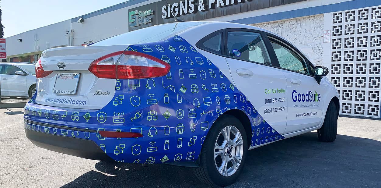 Sticky car branding solution in blue on a white car